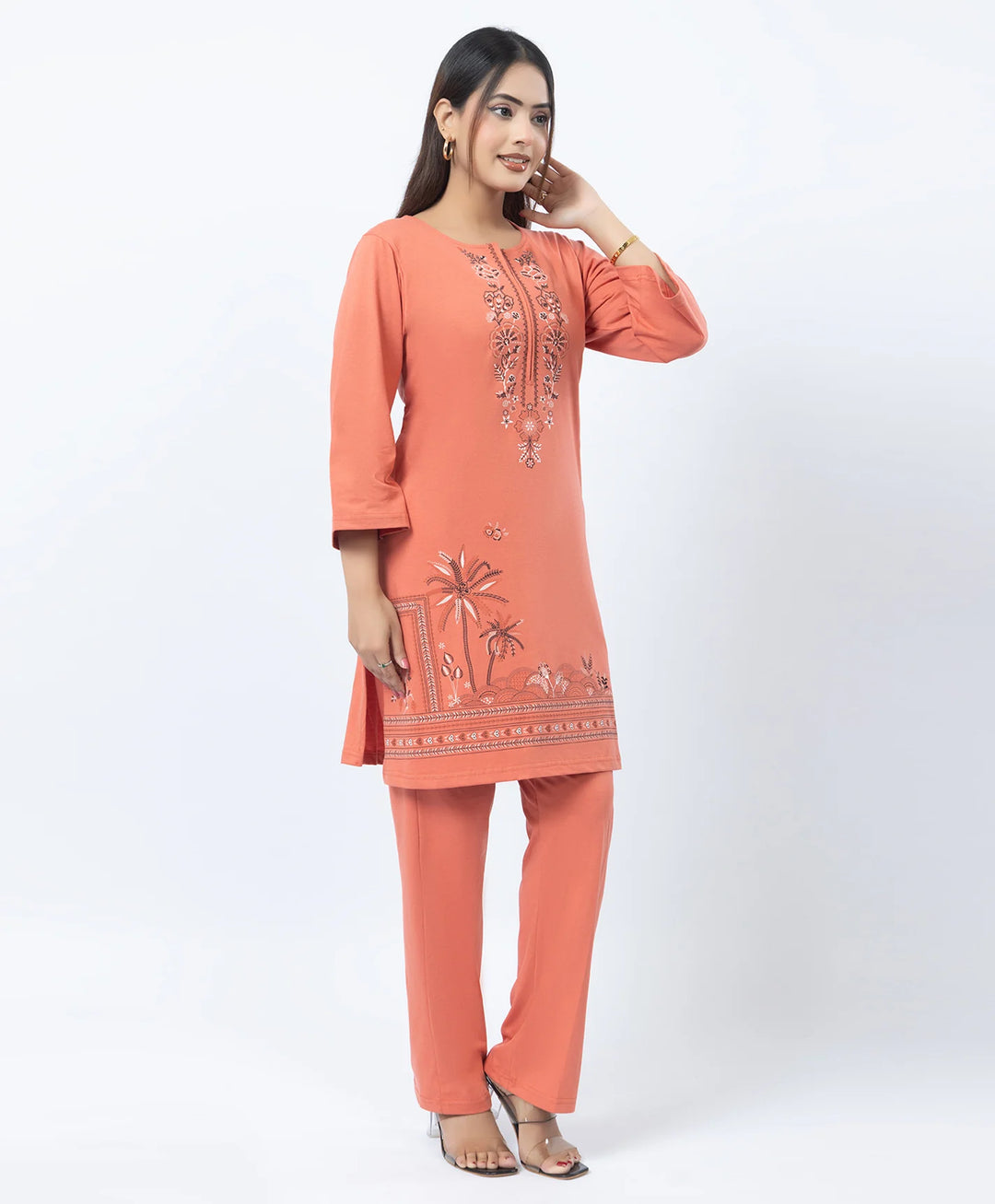 Premium Round Neck Border Printed Kurta Set with Straight-Fit Pants
