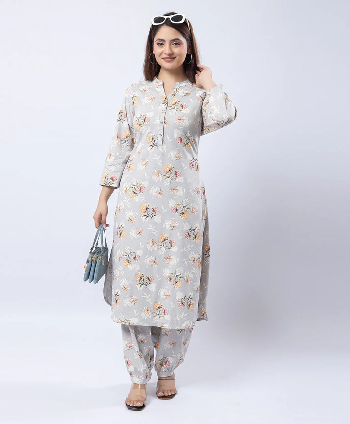Mandarin Collar Quarter Sleeve Floral Kurti & Narrow Ankle Hem Afghani Suit