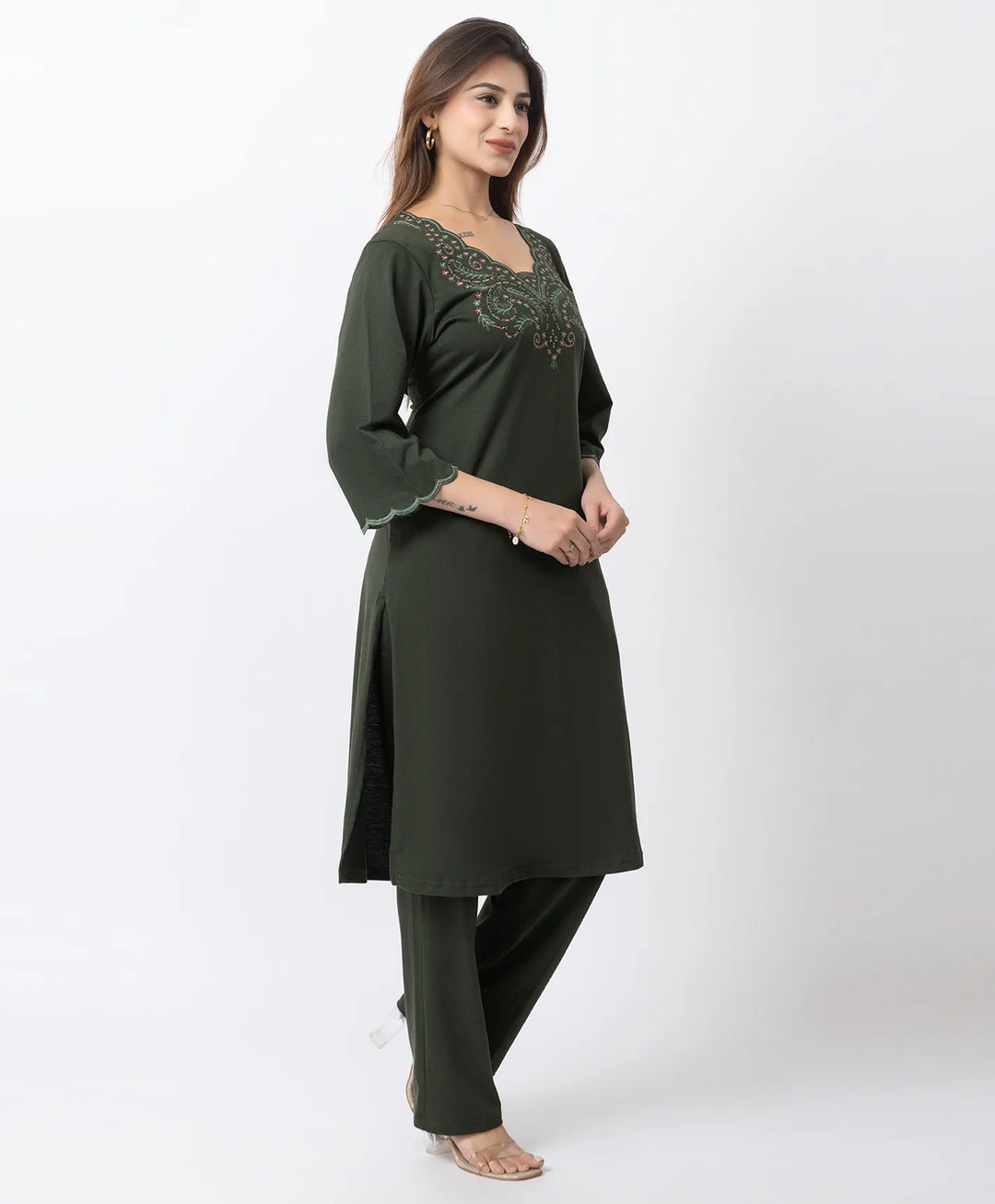 Graceful Long Kurta Set with Embroidered Neckline