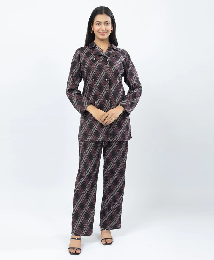 Checkered Co-Ord Set with Double-Button Front Placket & Straight Pants
