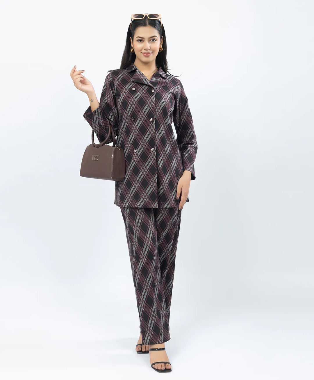 Checkered Co-Ord Set with Double-Button Front Placket & Straight Pants