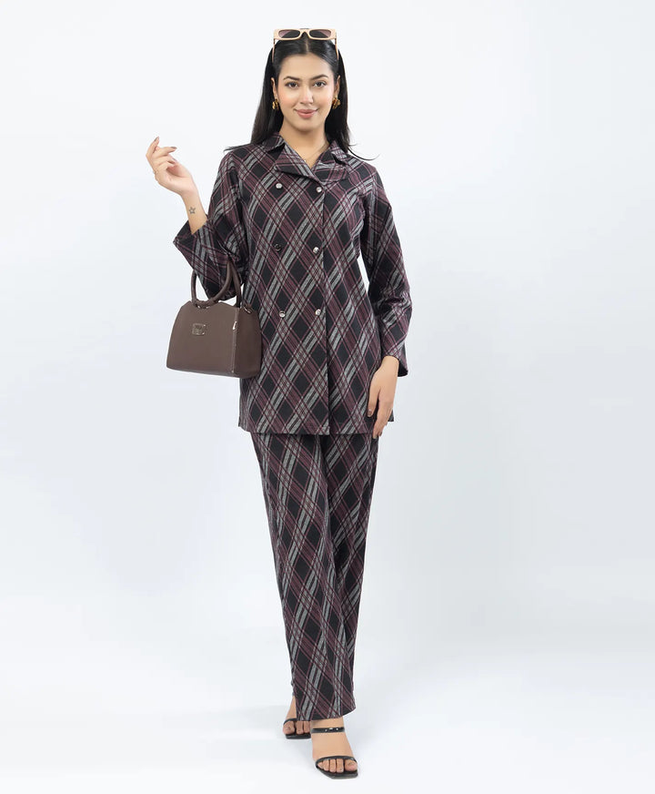 Checkered Co-Ord Set with Double-Button Front Placket & Straight Pants