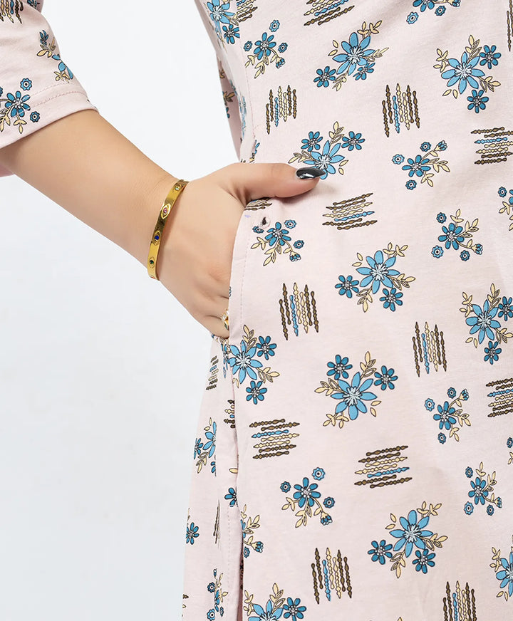 Quarter Sleeve Printed Cotton Kurta with Straight Pant Set