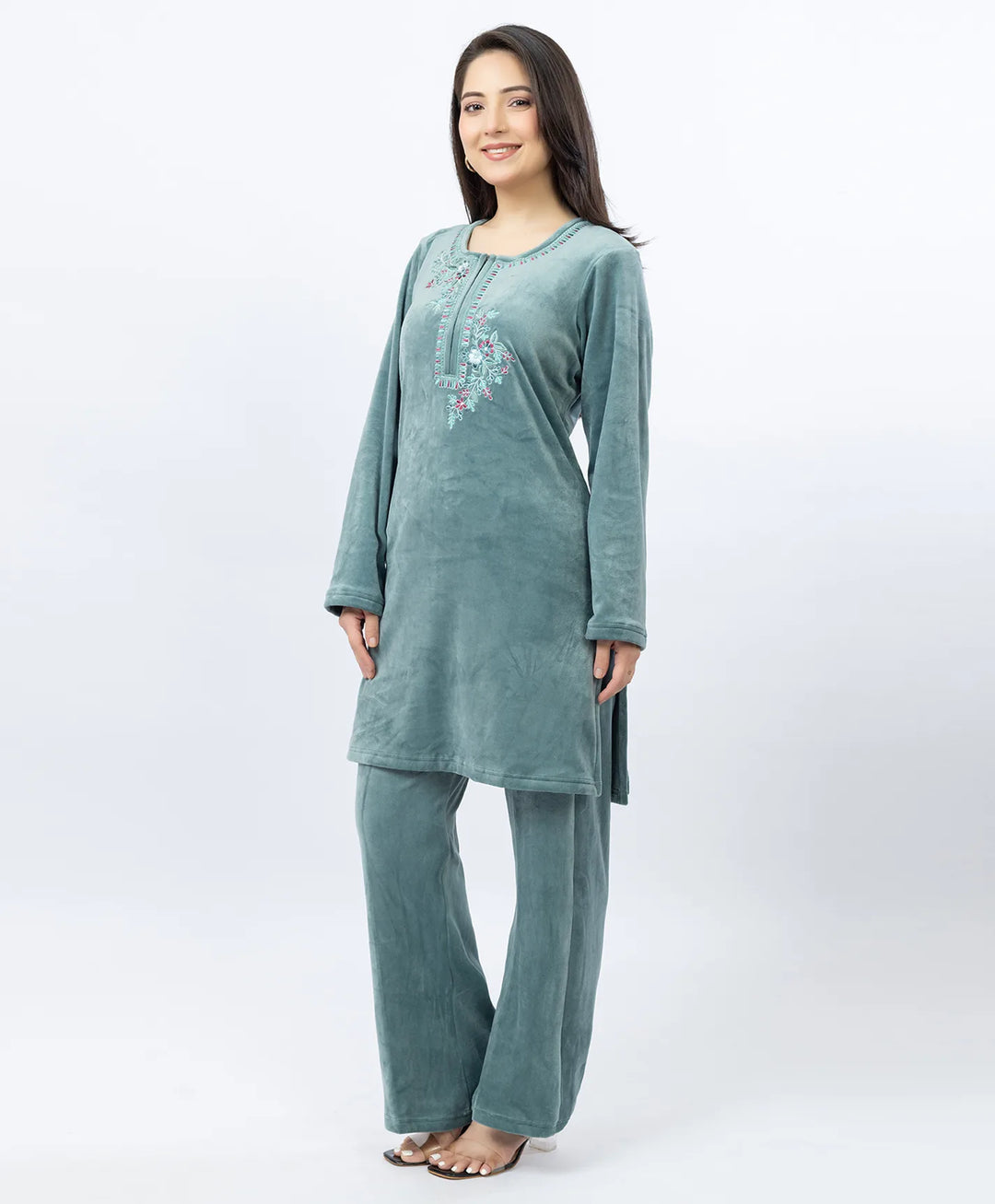 Round Neck Buttoned Kurta and Trouser Set with Embroidery & Pockets.