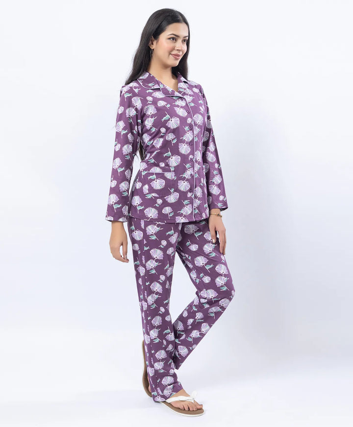 Printed Night Suit with Contrast Piping & Pockets