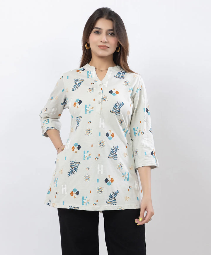 Printed Front-Placket Hip-Length Short Kurti