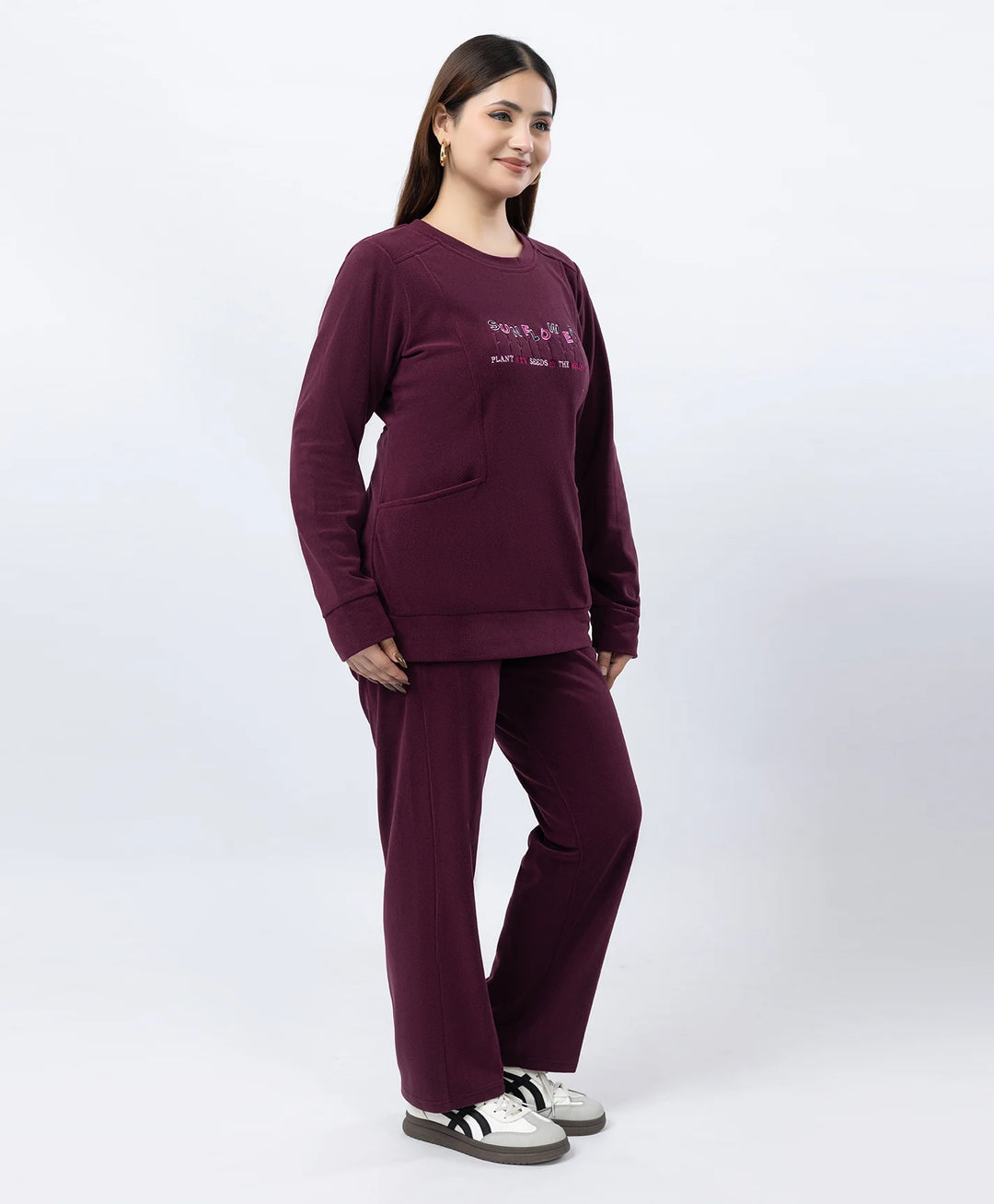 Round Neck Embroidered Tracksuit with Front Pocket