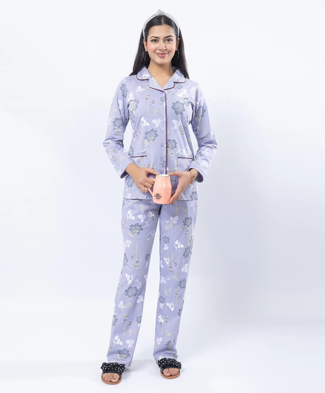 Printed Night Suit with Contrast Piping & Pockets