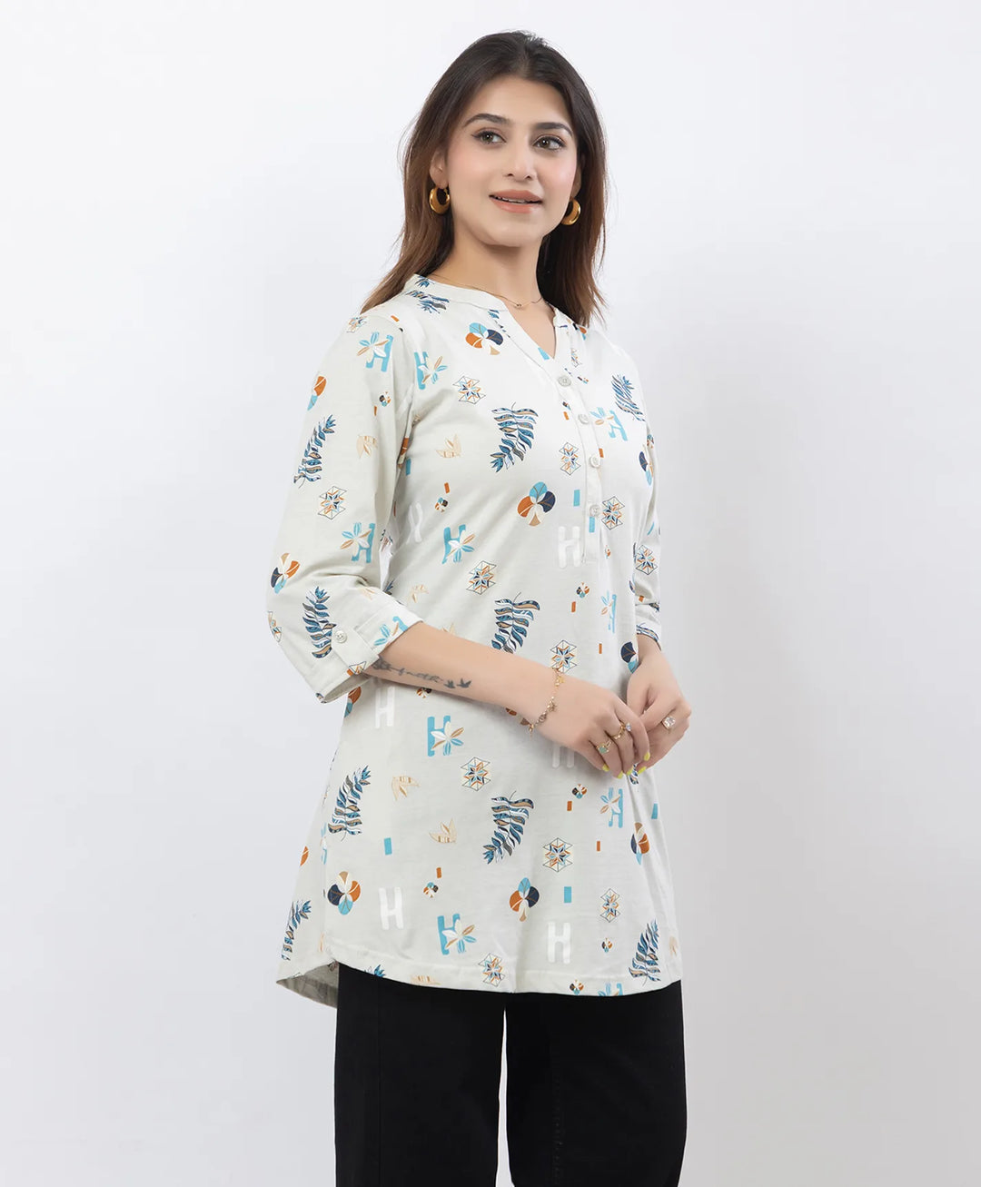 Floral Print Three-Quarter Sleeve Short Kurti