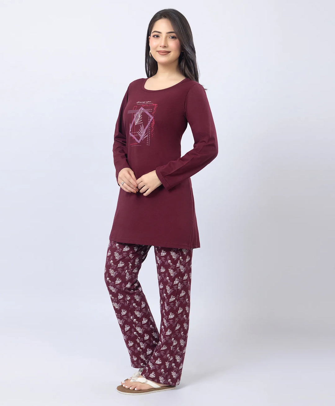 Elegant Printed Round-Neck Night Suit