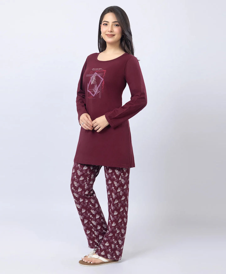 Elegant Printed Round-Neck Night Suit