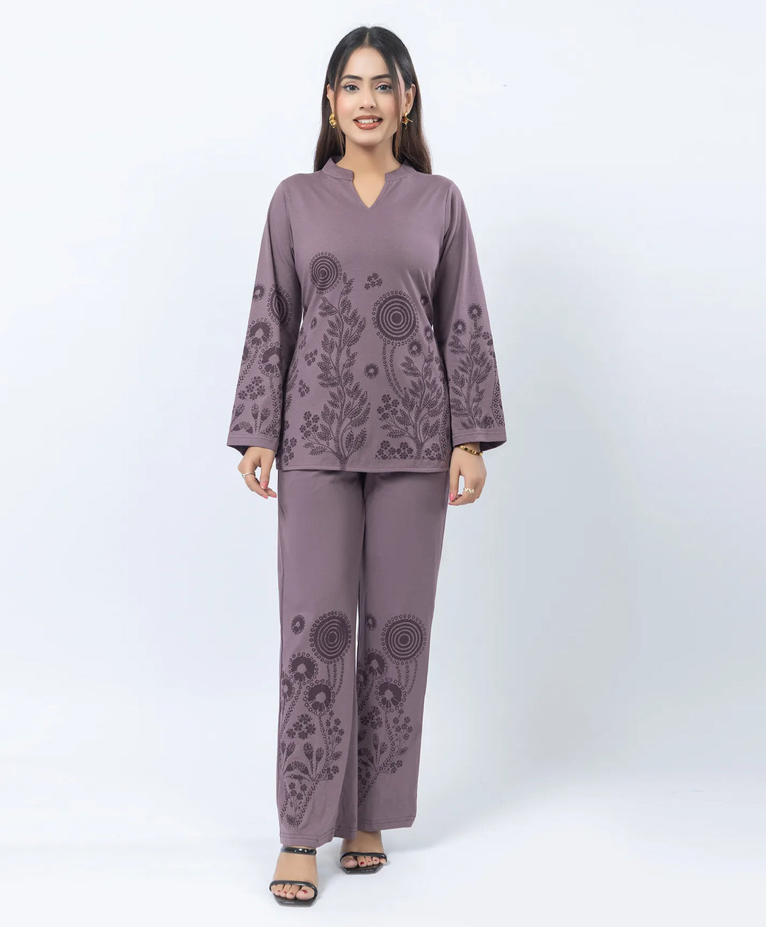 V-Notch Floral Tunic & Coordinated Printed Bottom Co-Ord Set
