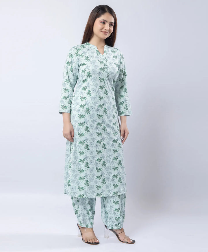 Mandarin Collar Quarter Sleeve Floral Kurti & Narrow Ankle Hem Afghani Suit