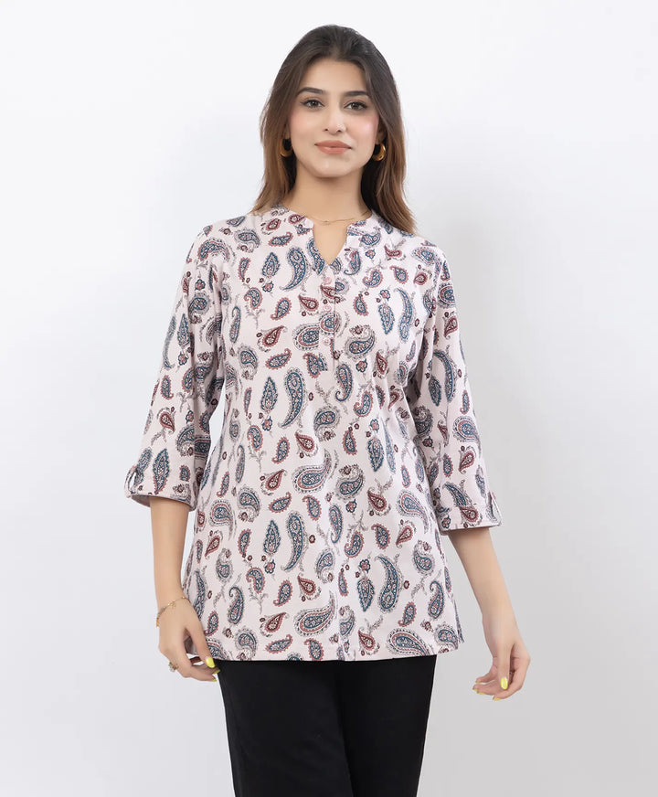 Printed Front-Placket Hip-Length Short Kurti