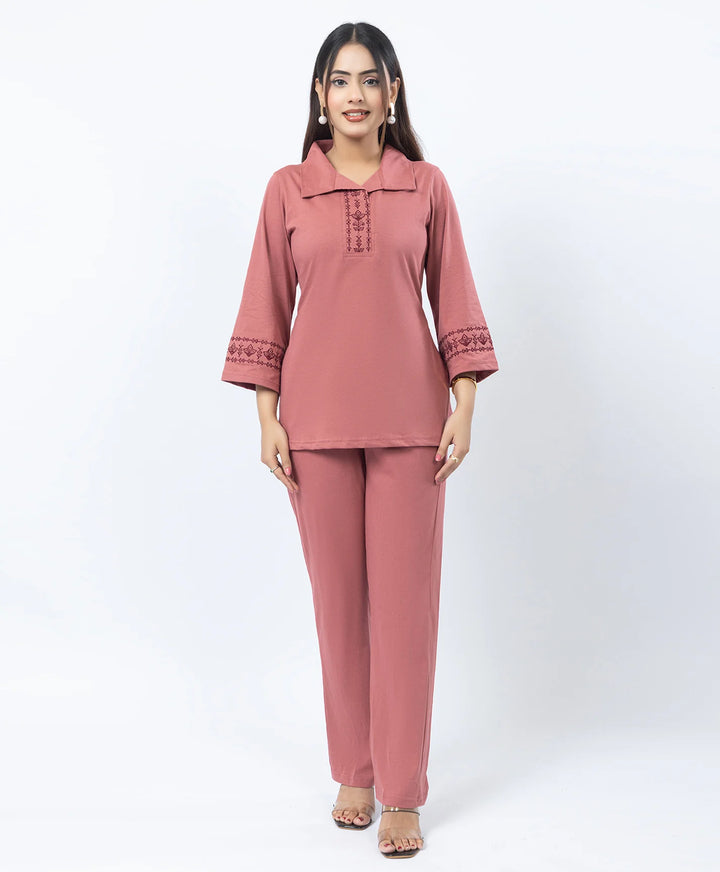 Straight Fit Collared Co-Ord Set with Embroidered Placket & Cuffs