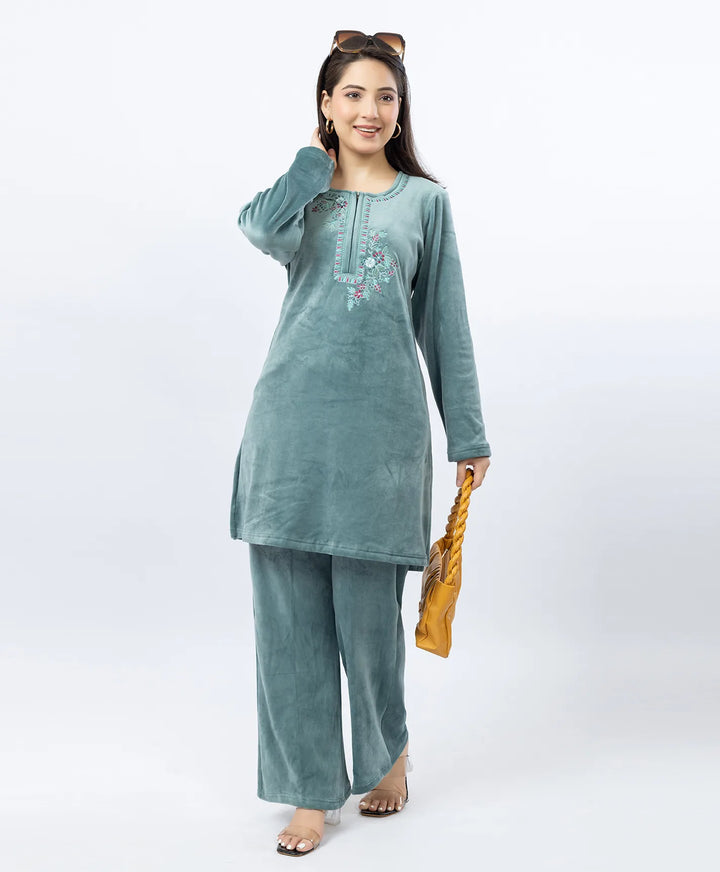 Round Neck Buttoned Kurta and Trouser Set with Embroidery & Pockets.