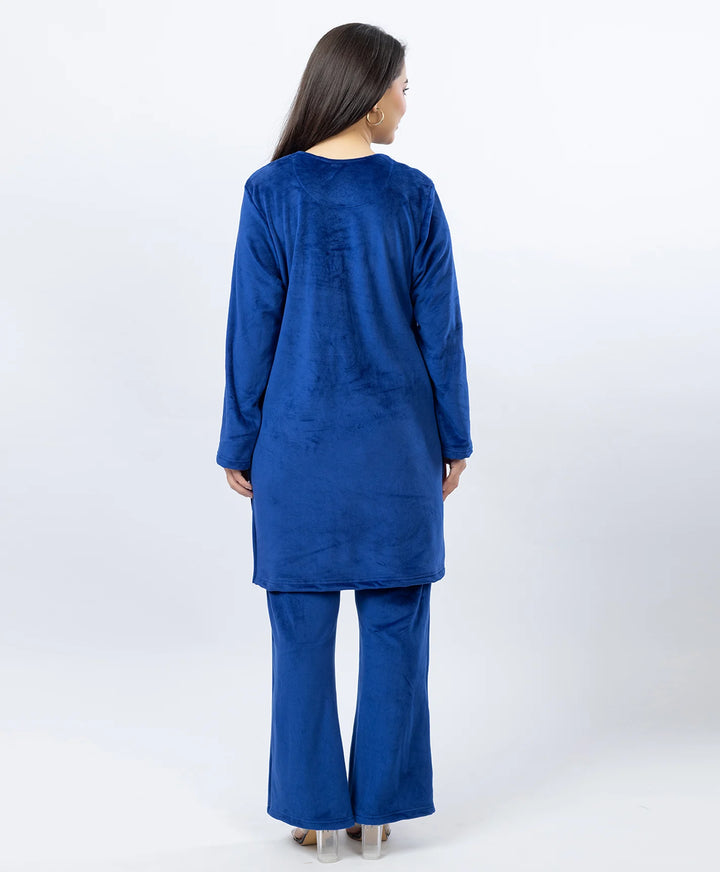 Round Neck Buttoned Kurta and Trouser Set with Embroidery & Pockets.