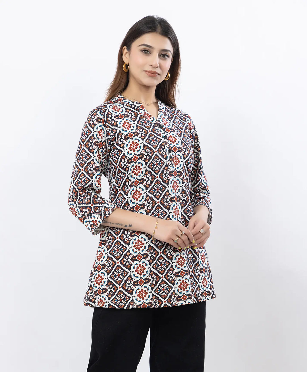 Printed Front-Placket Hip-Length Short Kurti