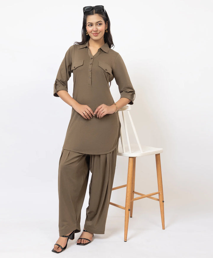 Collared Pathani Kurta with Relaxed Draped Salwar