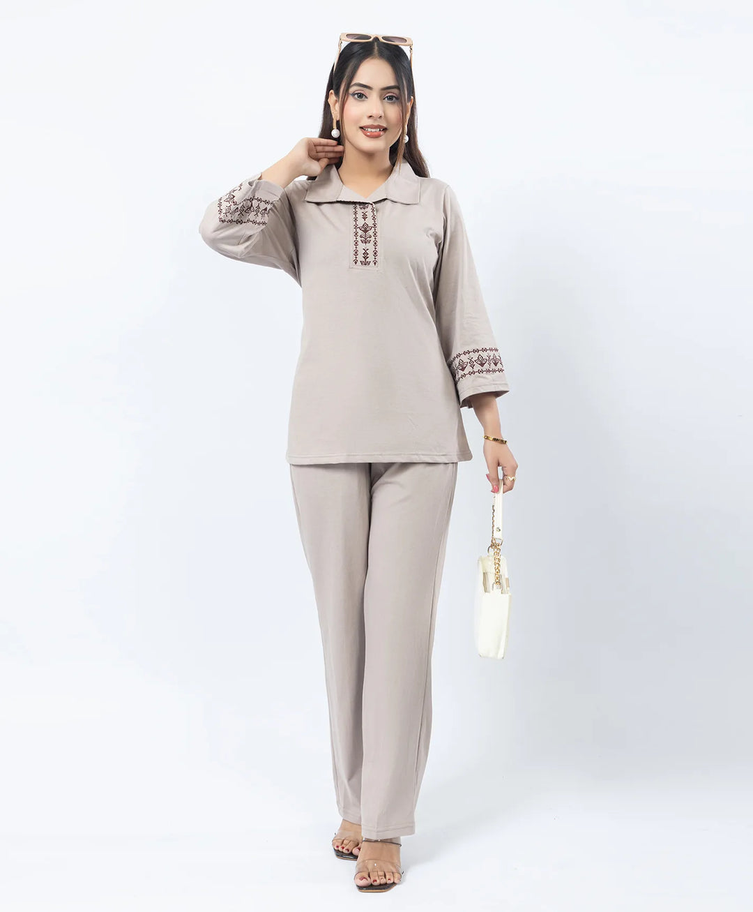 Straight Fit Collared Co-Ord Set with Embroidered Placket & Cuffs