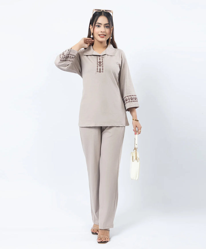 Straight Fit Collared Co-Ord Set with Embroidered Placket & Cuffs