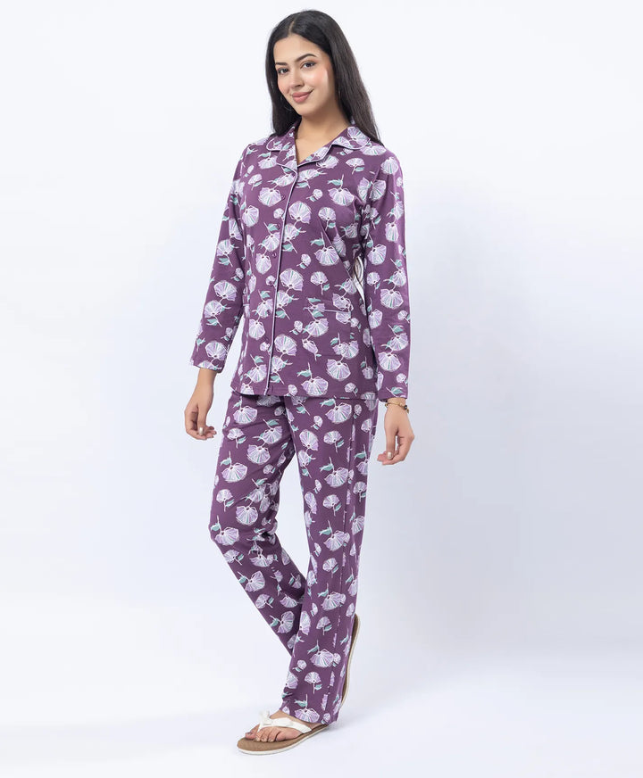 Printed Night Suit with Contrast Piping & Pockets