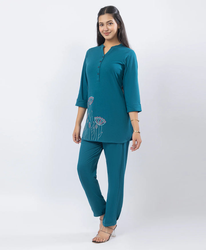 Premium Floral Embroidered Mandarin Collar Kurta Set