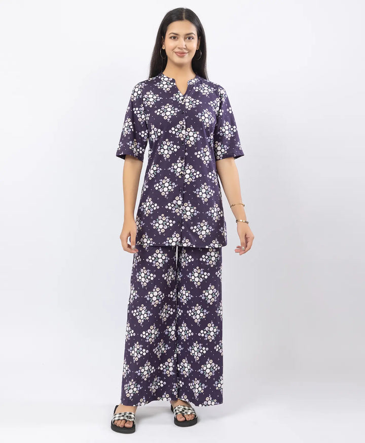 Front-Open Printed Wide-Leg Night Suit