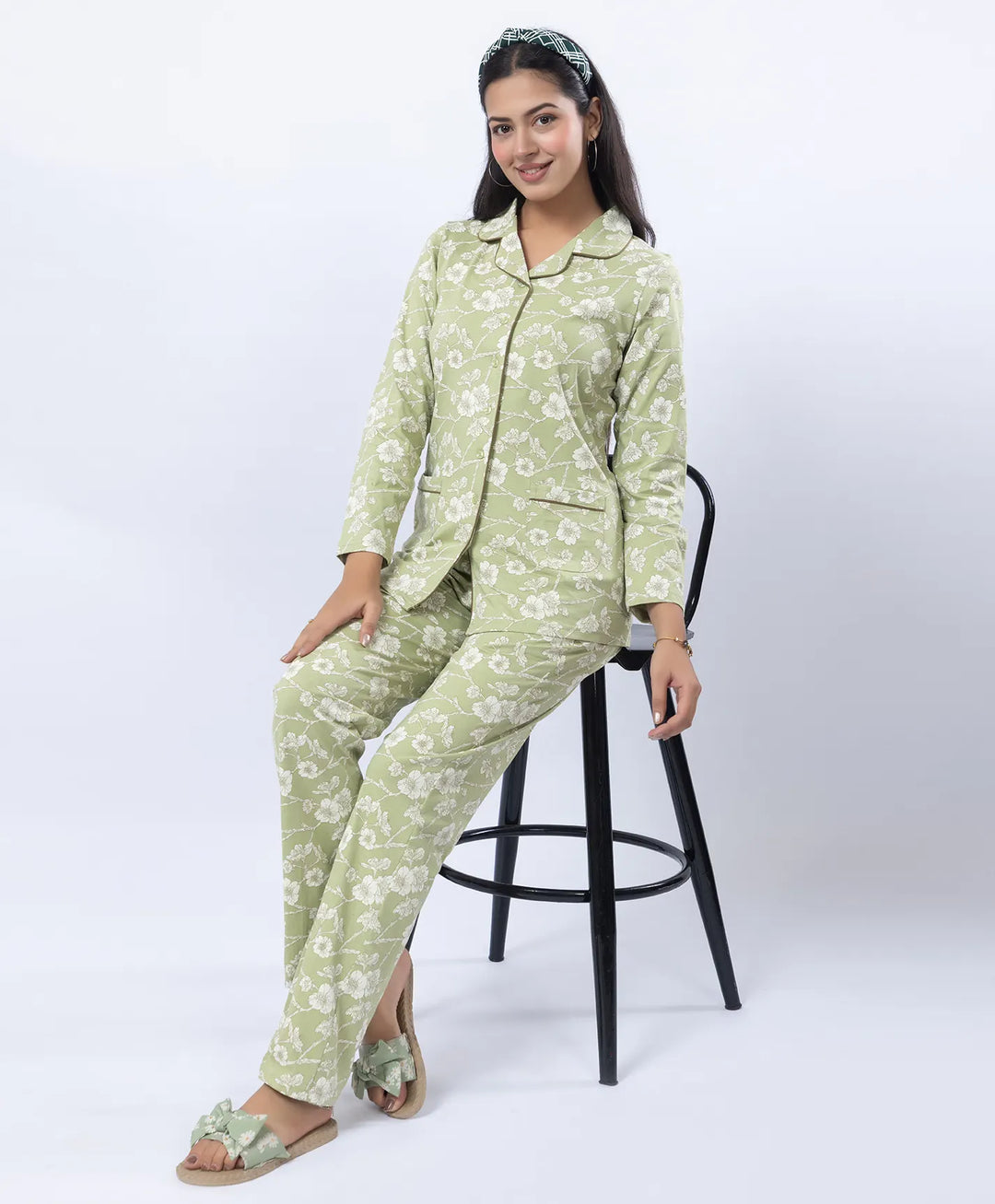 Printed Night Suit with Contrast Piping & Pockets