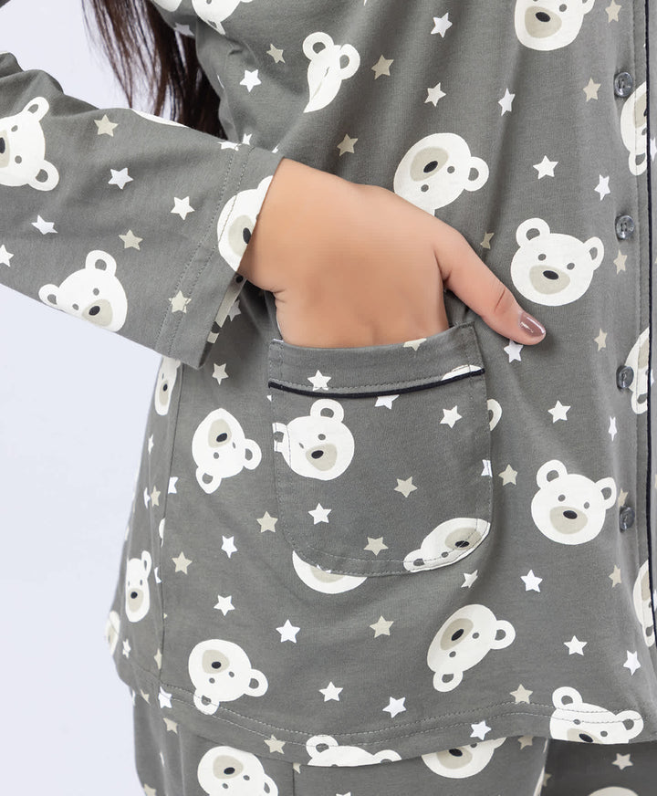 Printed Shirt Collar Front Open Night Suit Set