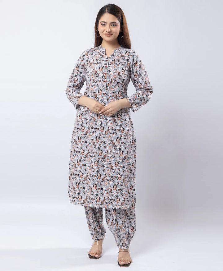 Mandarin Collar Quarter Sleeve Floral Kurti & Narrow Ankle Hem Afghani Suit