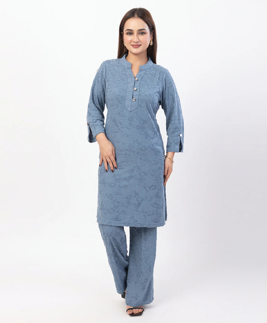 Straight Fit Kurta Set with Buttoned V-Placket & Notched Cuff Sleeves