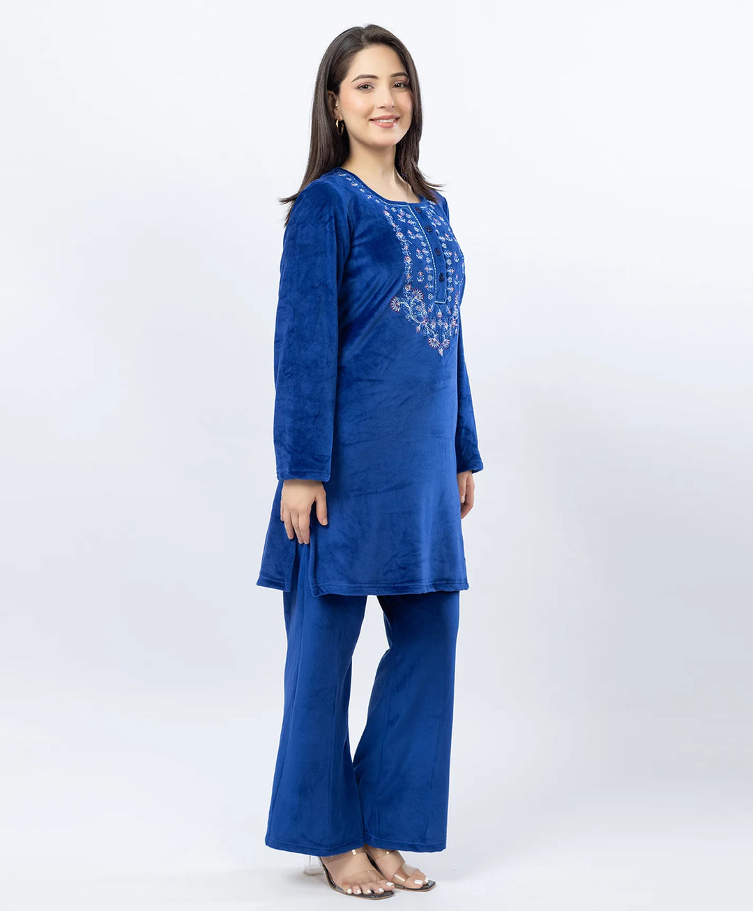 Round Neck Buttoned Kurta and Trouser Set with Embroidery & Pockets.
