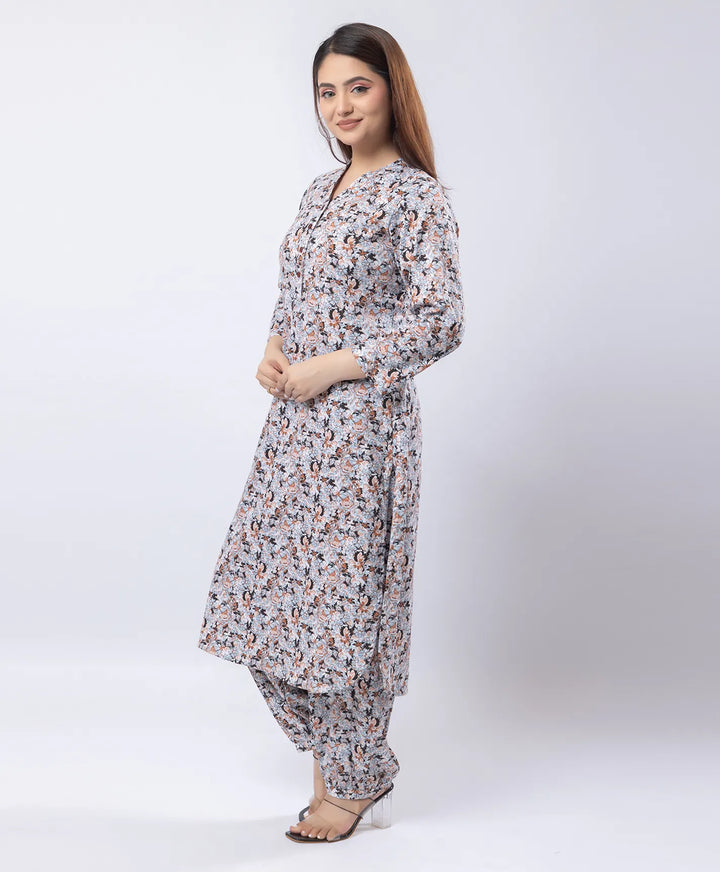 Mandarin Collar Quarter Sleeve Floral Kurti & Narrow Ankle Hem Afghani Suit