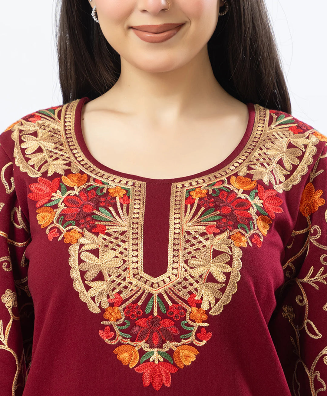 Kashmiri Floral Embroidered Fleece Kurta Set