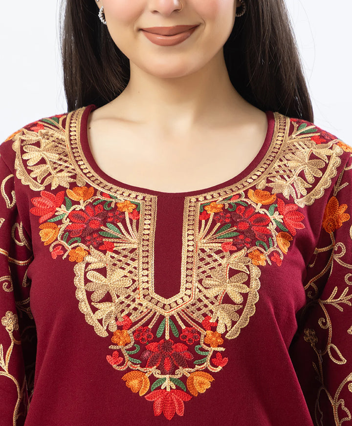 Kashmiri Floral Embroidered Fleece Kurta Set
