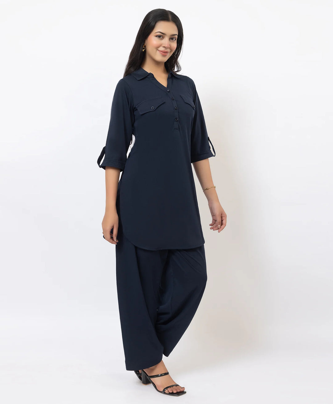 Collared Pathani Kurta with Relaxed Draped Salwar