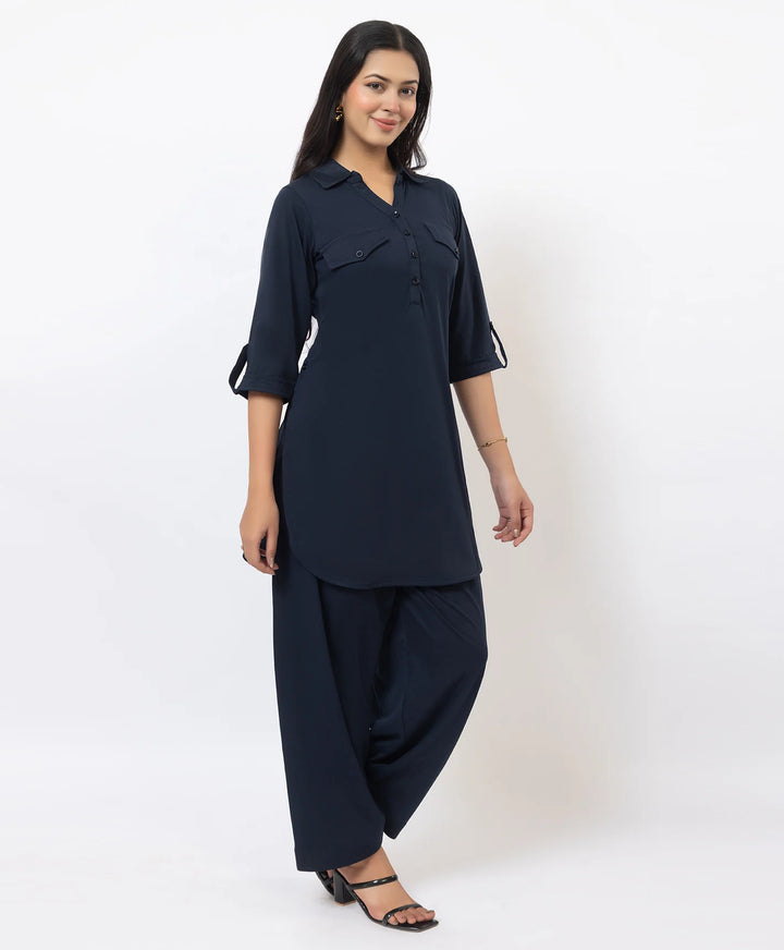 Collared Pathani Kurta with Relaxed Draped Salwar