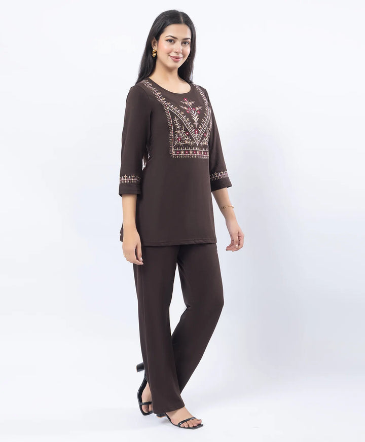 Premium Round Neck Embroidered Straight-Fit Co-Ord Set
