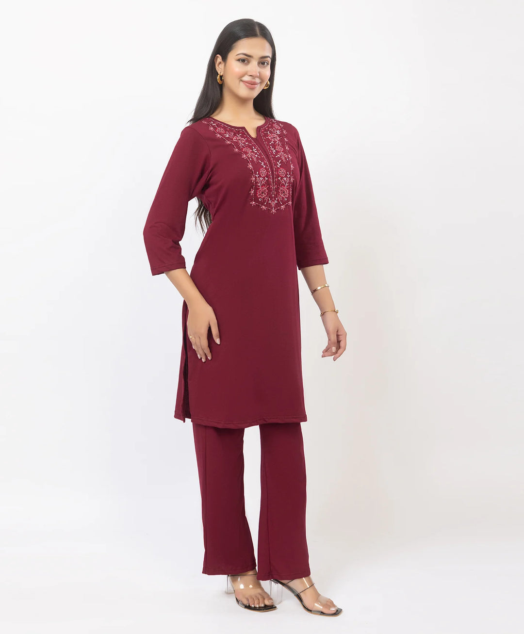 Stylish Neckline Embroidery Straight Kurta Pant Set
