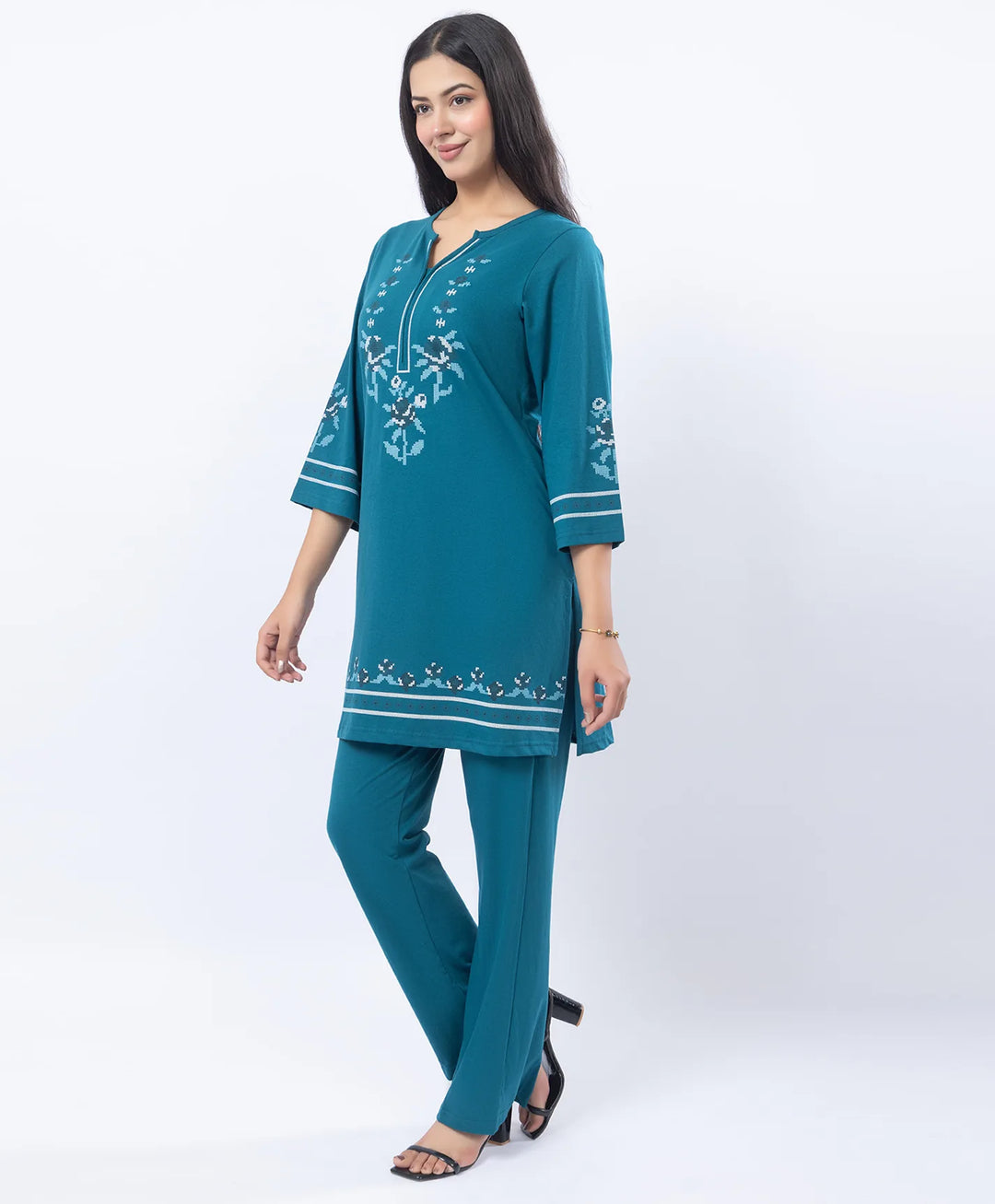 Floral Cross-Stitch Effect Pattern Printed Kurta Set