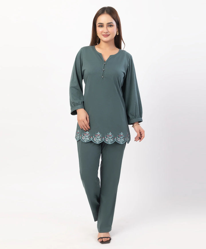 Floral Cut Work Hem Kurta Set with fitted Cuffed Sleeves