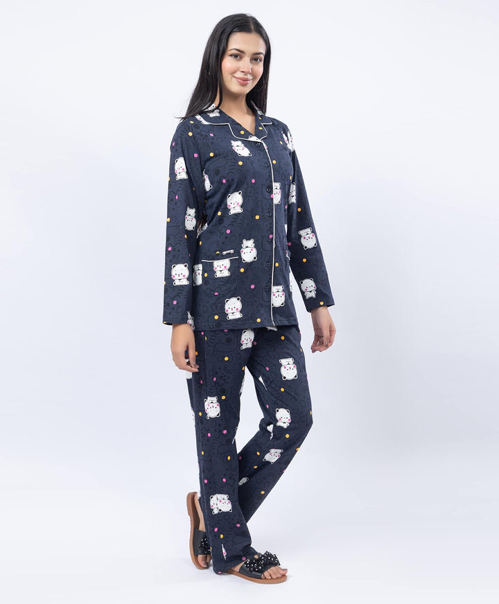 Printed Shirt Collar Front Open Night Suit Set