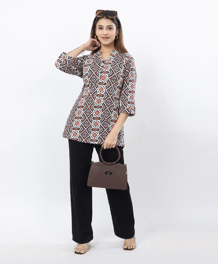 Printed Front-Placket Hip-Length Short Kurti