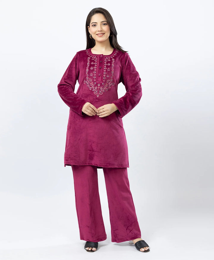 Round Neck Buttoned Kurta and Trouser Set with Embroidery & Pockets.