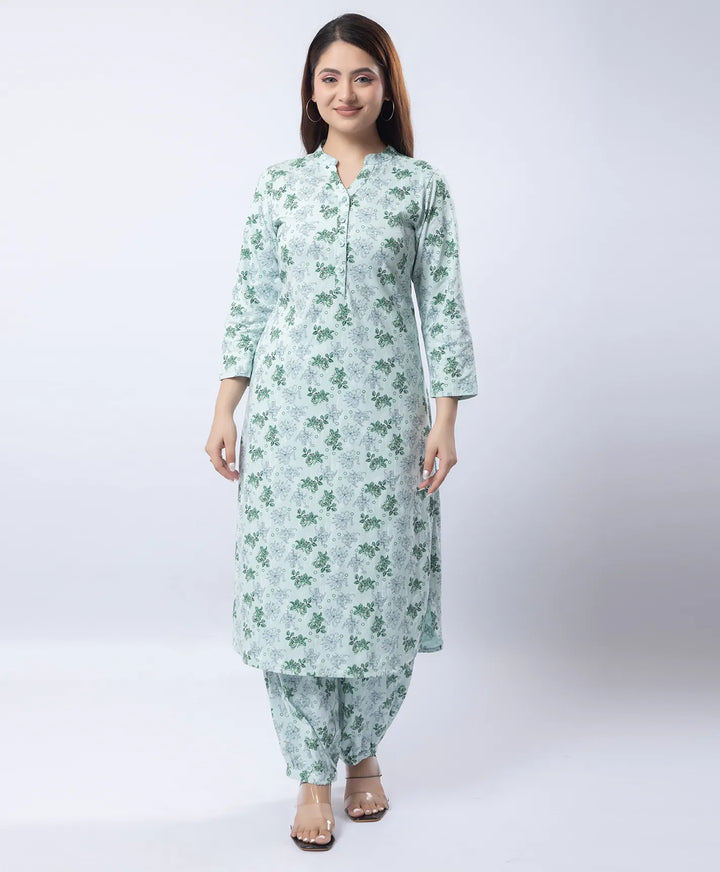 Mandarin Collar Quarter Sleeve Floral Kurti & Narrow Ankle Hem Afghani Suit
