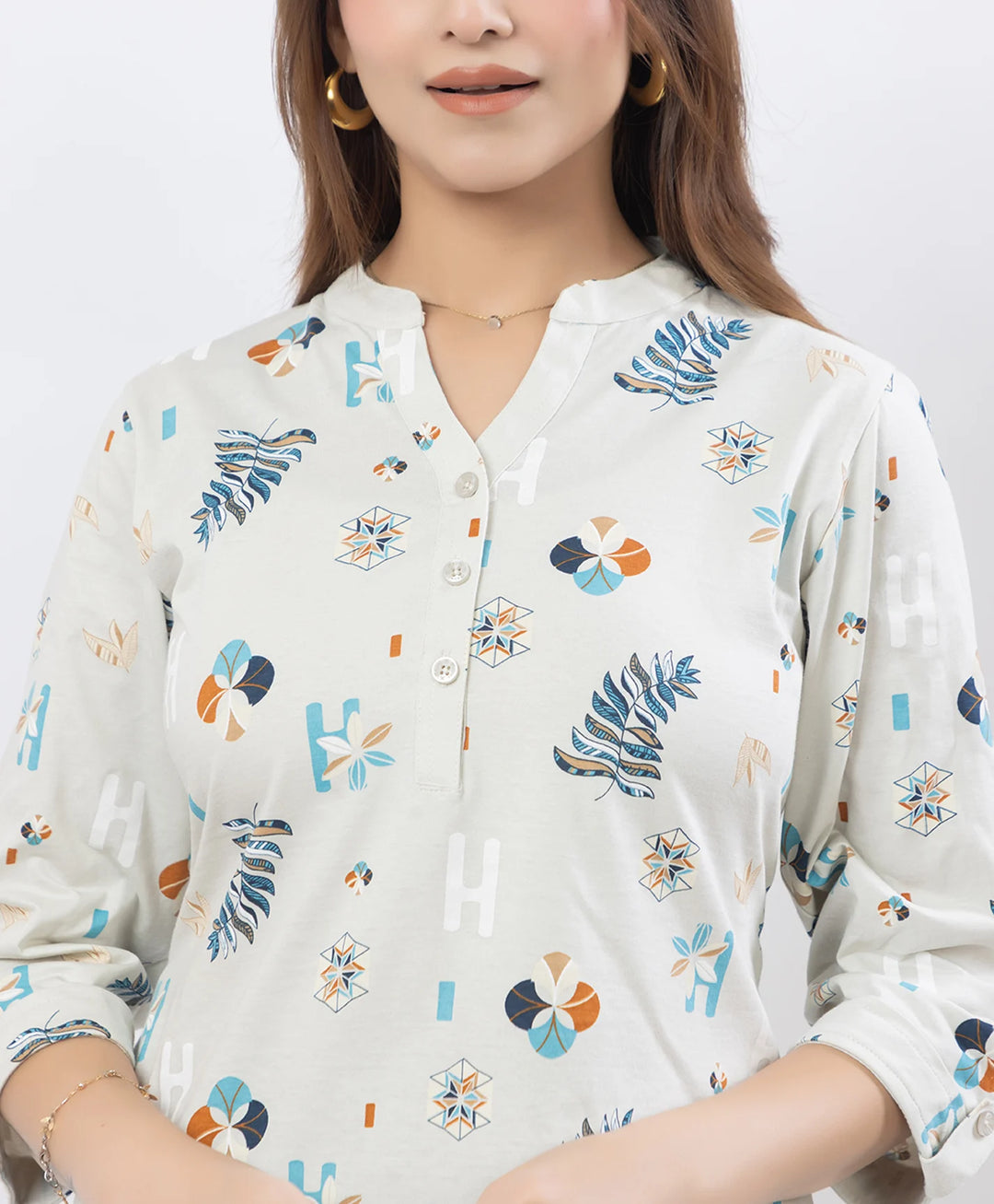 Printed Front-Placket Hip-Length Short Kurti