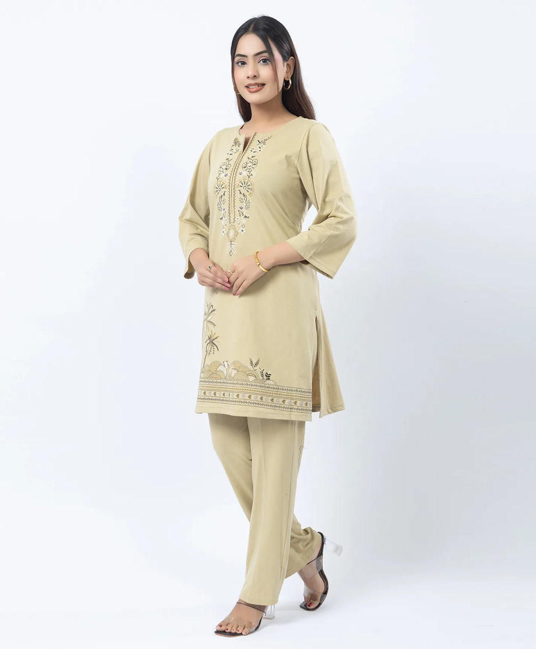 Premium Round Neck Border Printed Kurta Set with Straight-Fit Pants