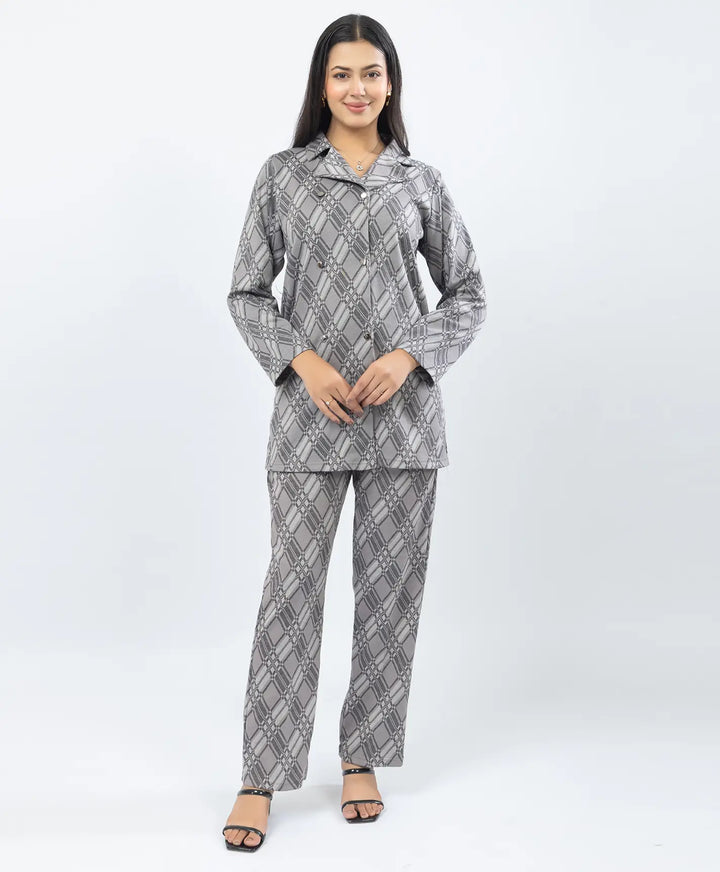 Checkered Co-Ord Set with Double-Button Front Placket & Straight Pants