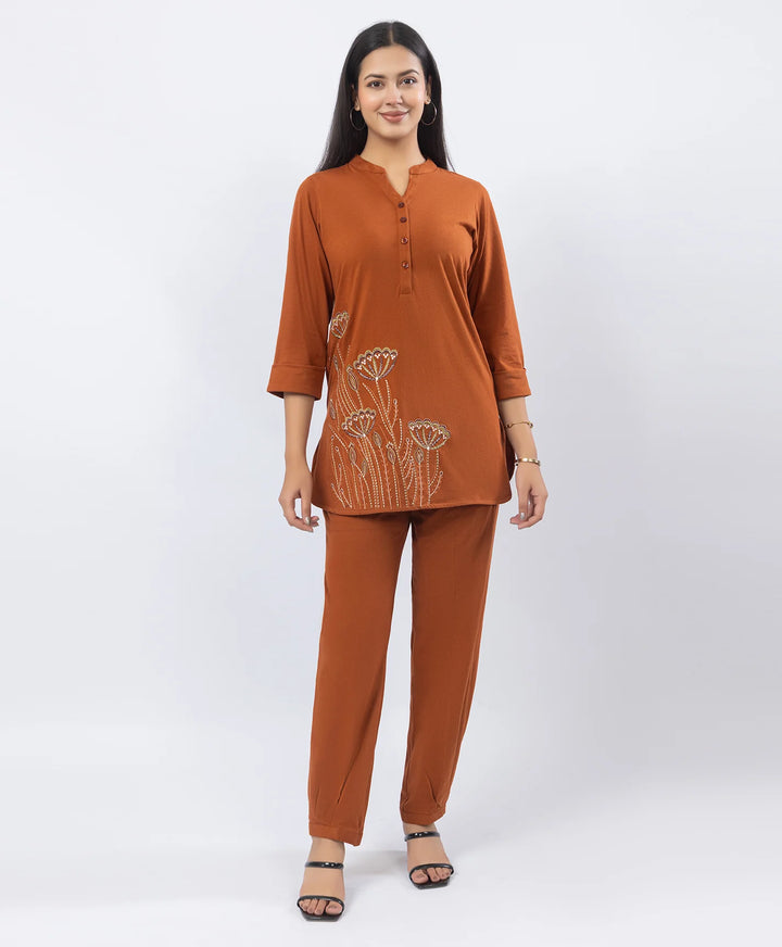 Premium Floral Embroidered Mandarin Collar Kurta Set